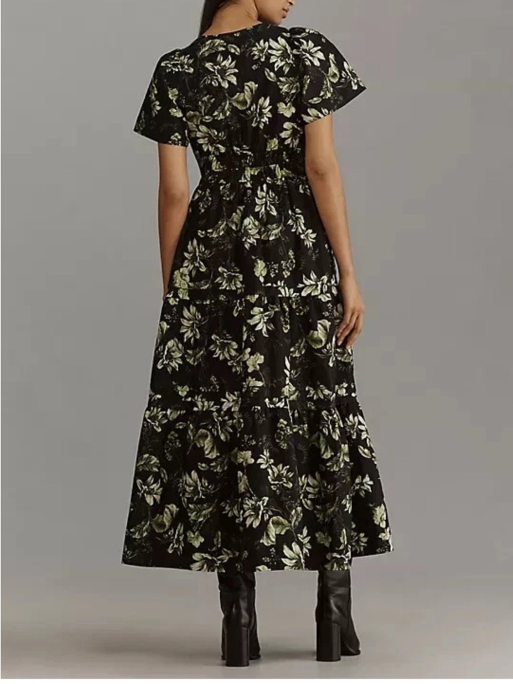 Anthropologie sz Large The Somerset Maxi Dress Black Floral Botanic A-line Tiers - Picture 2 of 8
